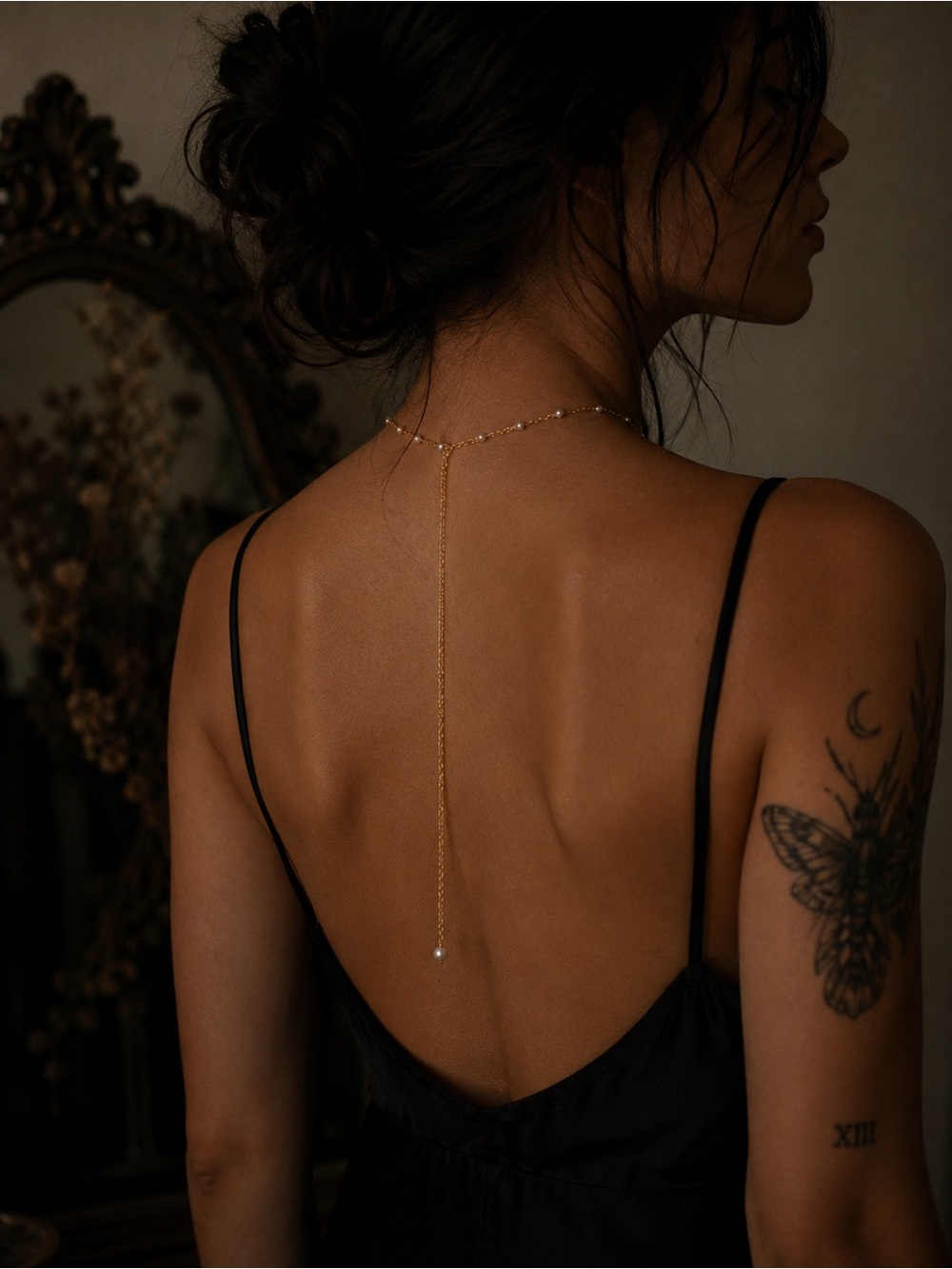 Delicate Gold Backdrop Lariat Necklace with Pearl Drop